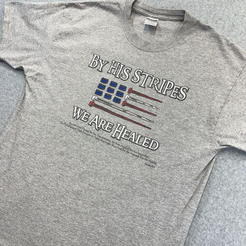 Christian Jesus T-Shirt Mens XL Jerzees Tag Gray By His Stripes USA Flag Y2K